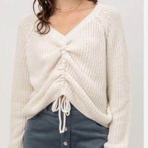 Ruched Front Self Tie Knit V Neck Sweater